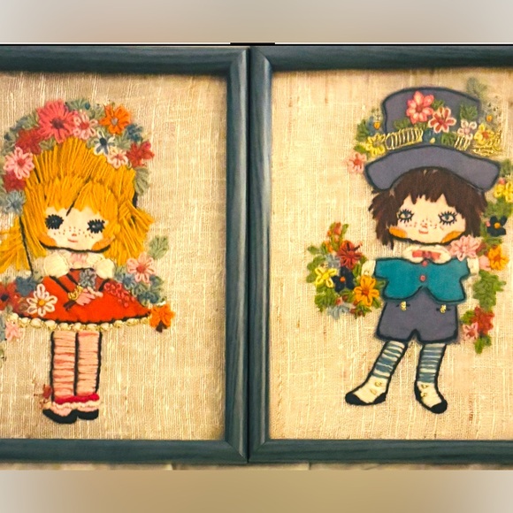 Vintage MCM Crewel Embroidery Barbara Keane's BIG EYES Boy & Girl Pair Art Work - Picture 8 of 11